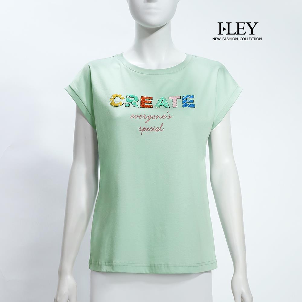 ILEY伊蕾 珠飾亮蔥英字純棉上衣(淺綠；M-XL)