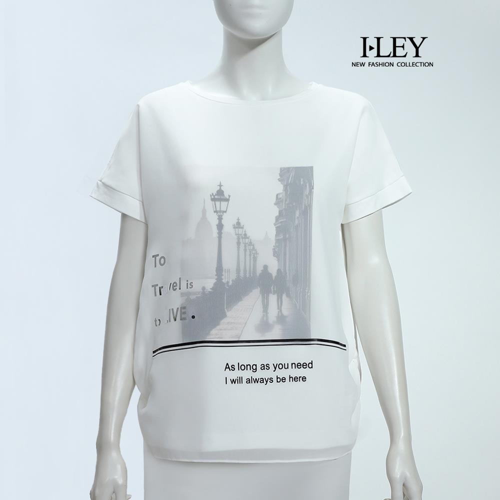 ILEY伊蕾 彈性棉質拼歐根紗印花T恤(白；M-2L)