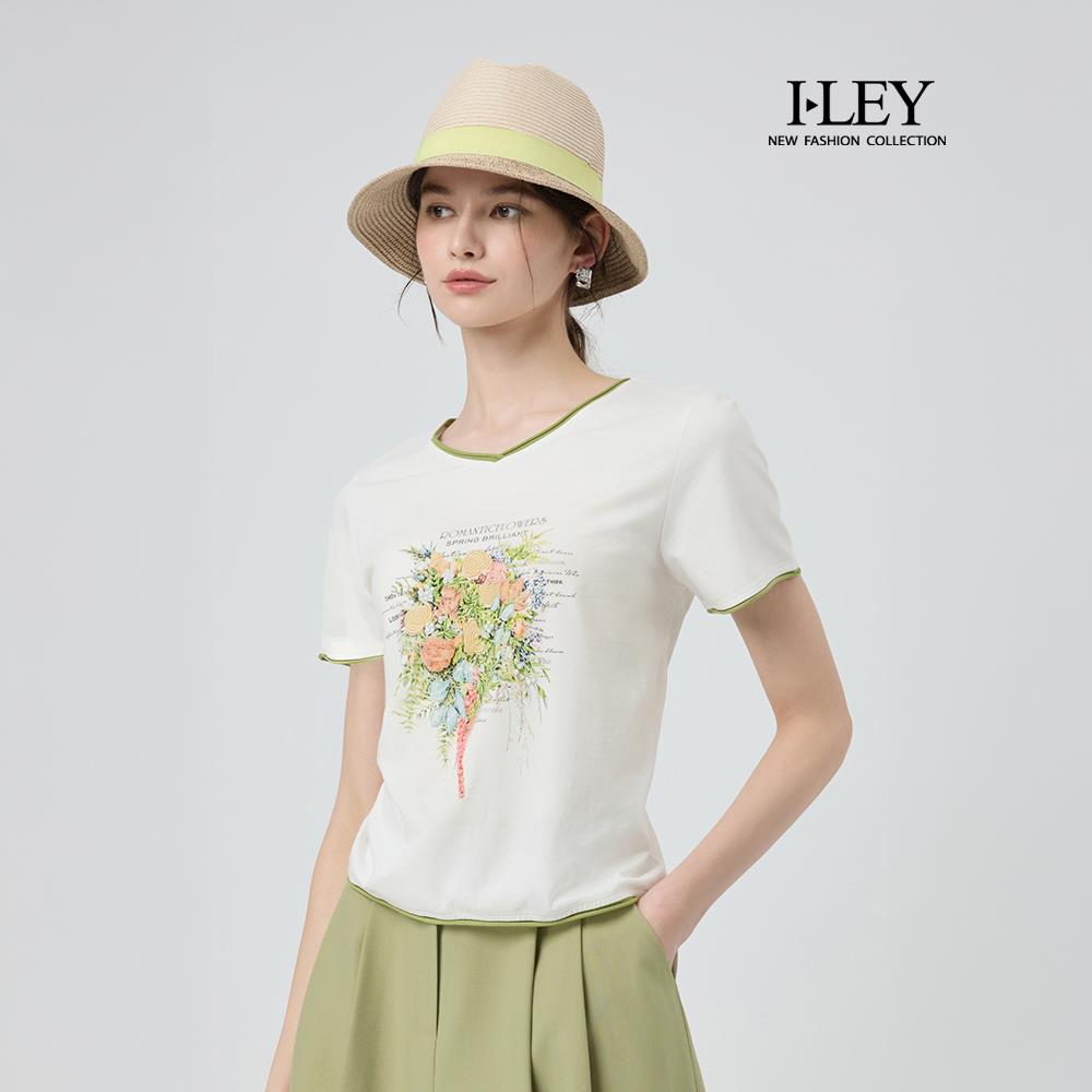 ILEY伊蕾 刺繡捧花印花短袖棉質上衣(白；M-XL)
