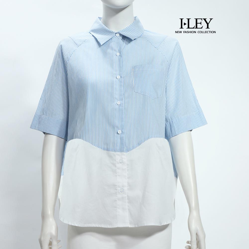ILEY伊蕾 直條紋不規則拼接純棉襯衫(淺藍；M-XL)