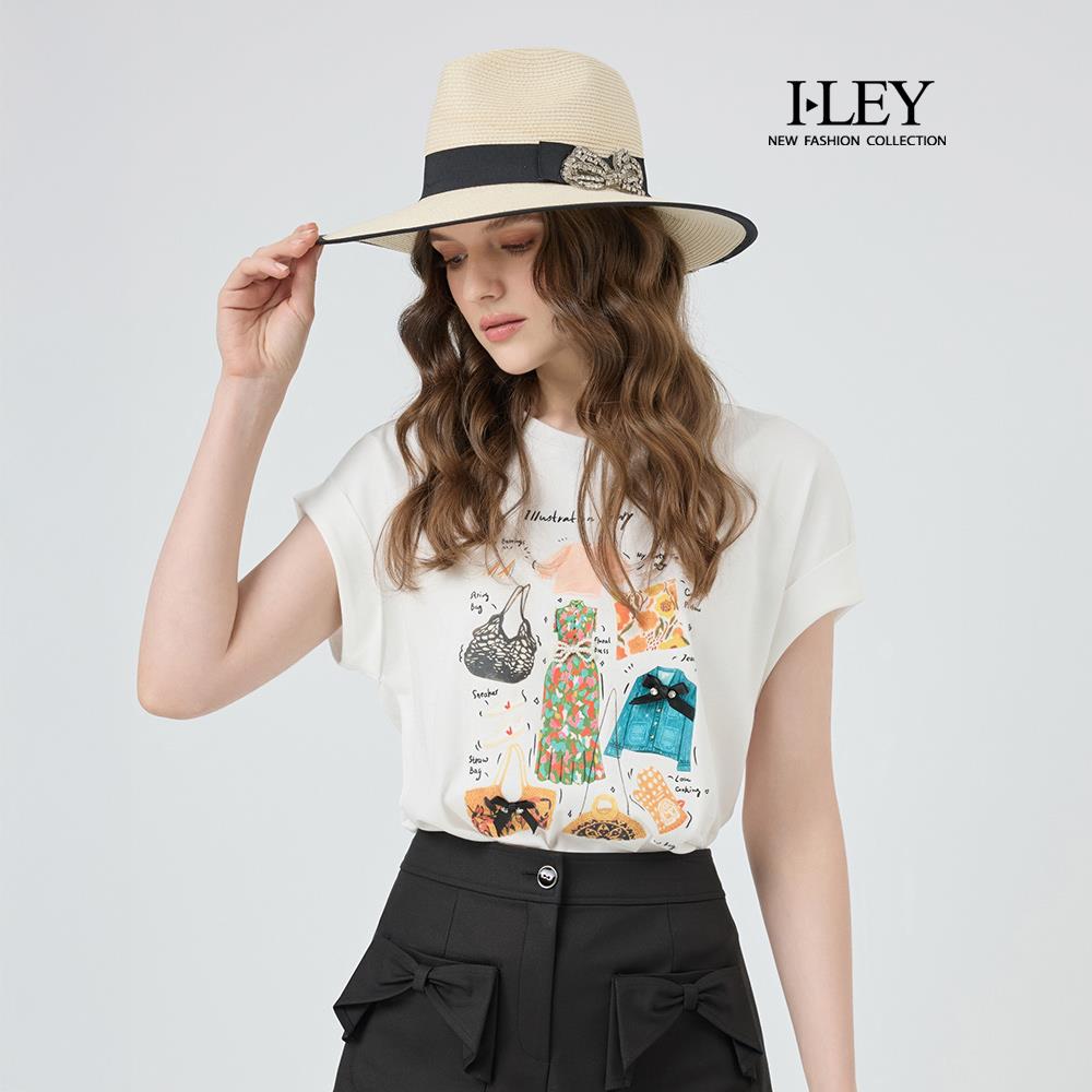 ILEY伊蕾 時尚配件膠印連肩反摺袖棉T(白；M-XL)