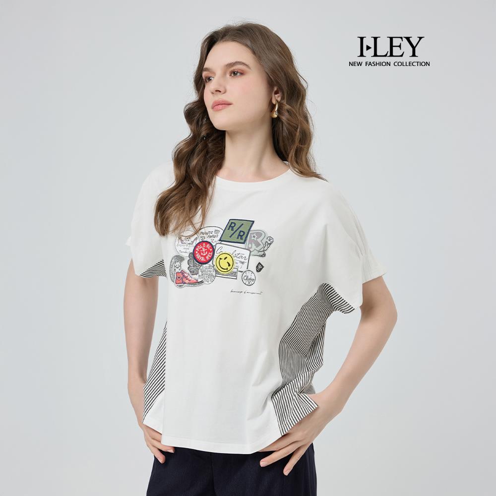 ILEY伊蕾 刺繡膠印拼接連肩純棉上衣(白；M-XL)