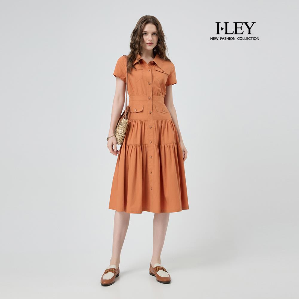 ILEY伊蕾 亮眼短袖萊賽爾棉質襯衫洋裝(桔；M-XL)