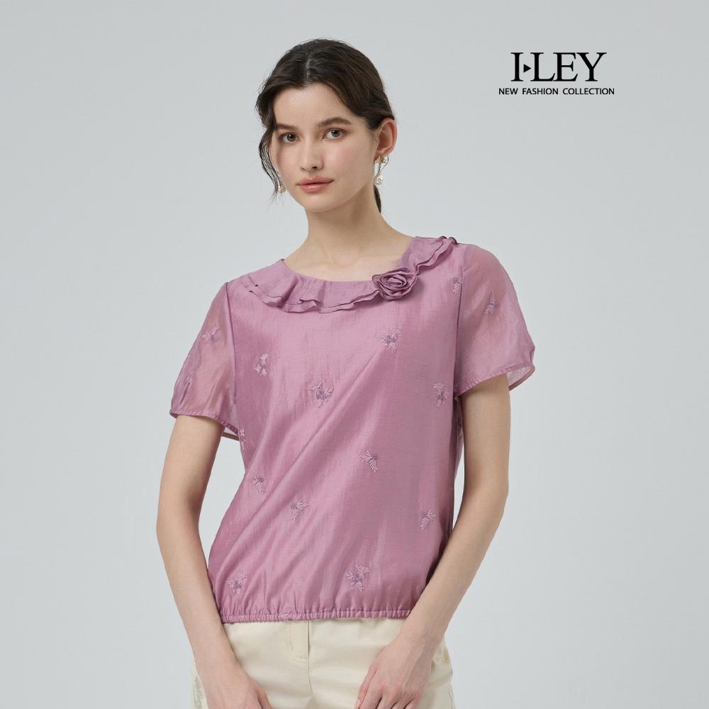 ILEY伊蕾 小花刺繡萊賽爾短袖上衣(紫；M-XL)