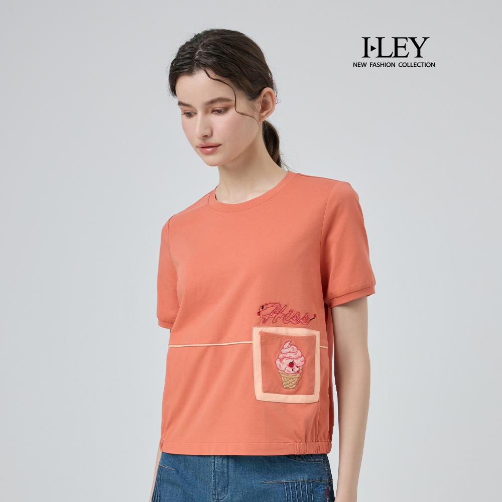 ILEY伊蕾 冰淇淋刺繡涼感抑菌棉質上衣(淺桔；M-XL)