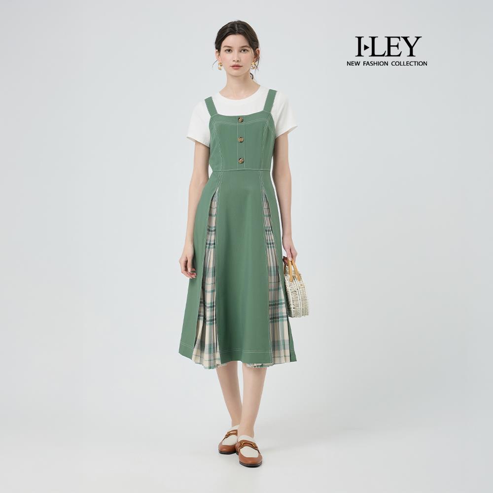 ILEY伊蕾 假兩件拼接格紋縲縈吊帶洋裝(綠；M-XL)