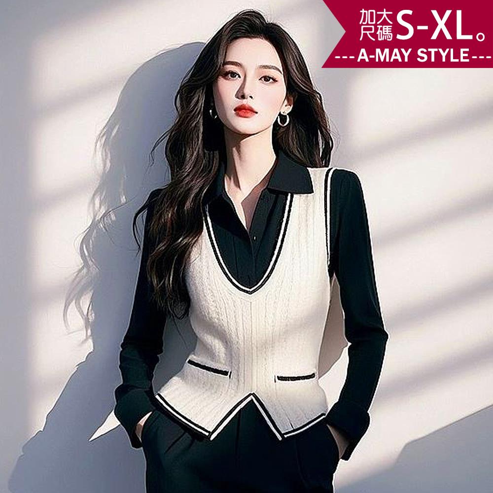 加大碼上衣 假兩件通勤OL拼接背心長袖針織襯衫(S-XL)【XAM250461】＊艾美時尚(現 預)