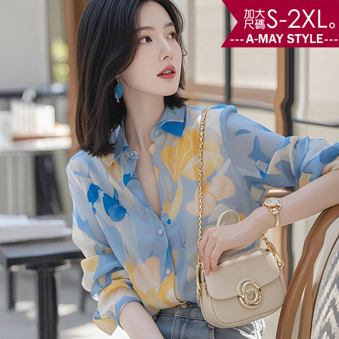 加大碼上衣 雪紡衫 復古繽紛印花顯瘦雪紡襯衫(S-2XL)【XAS250445】＊艾美時尚(現 預)