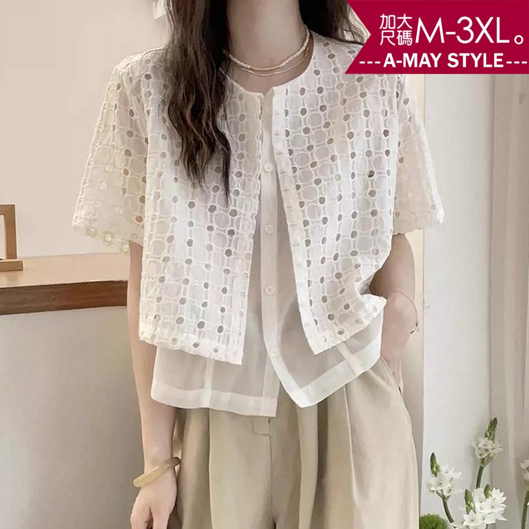 夏新品 加大碼上衣 假兩件拼接鏤空設計短袖襯衫(M-3XL)【XAS250448】＊艾美時尚(現+預)