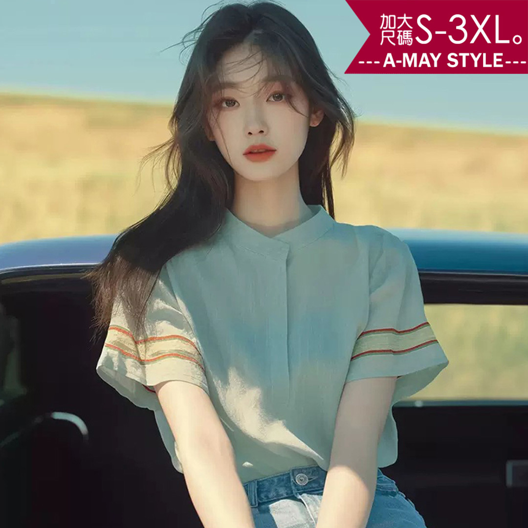 加大碼上衣 清新氣質文藝設計拼色短袖襯衫(S-3XL)【XAS250439】＊艾美時尚(現 預)