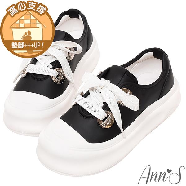 ✨NEW✨Ann’S銀色大圓扣綁帶真皮胖胖厚底休閒鞋4.5cm-黑