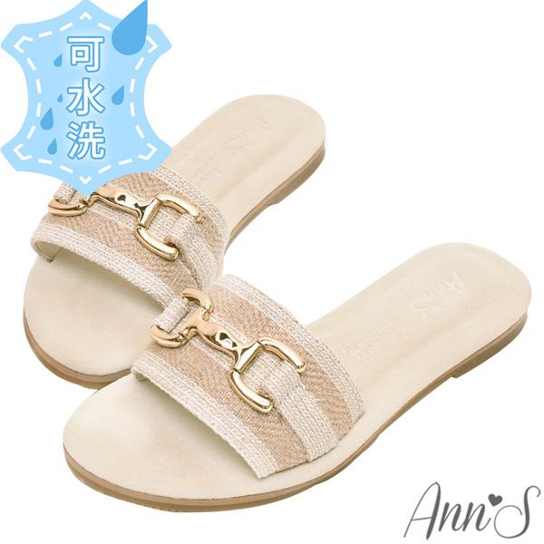 Ann’S水洗牛皮-奶茶色金線交織 馬銜扣圓頭拖鞋1cm-杏