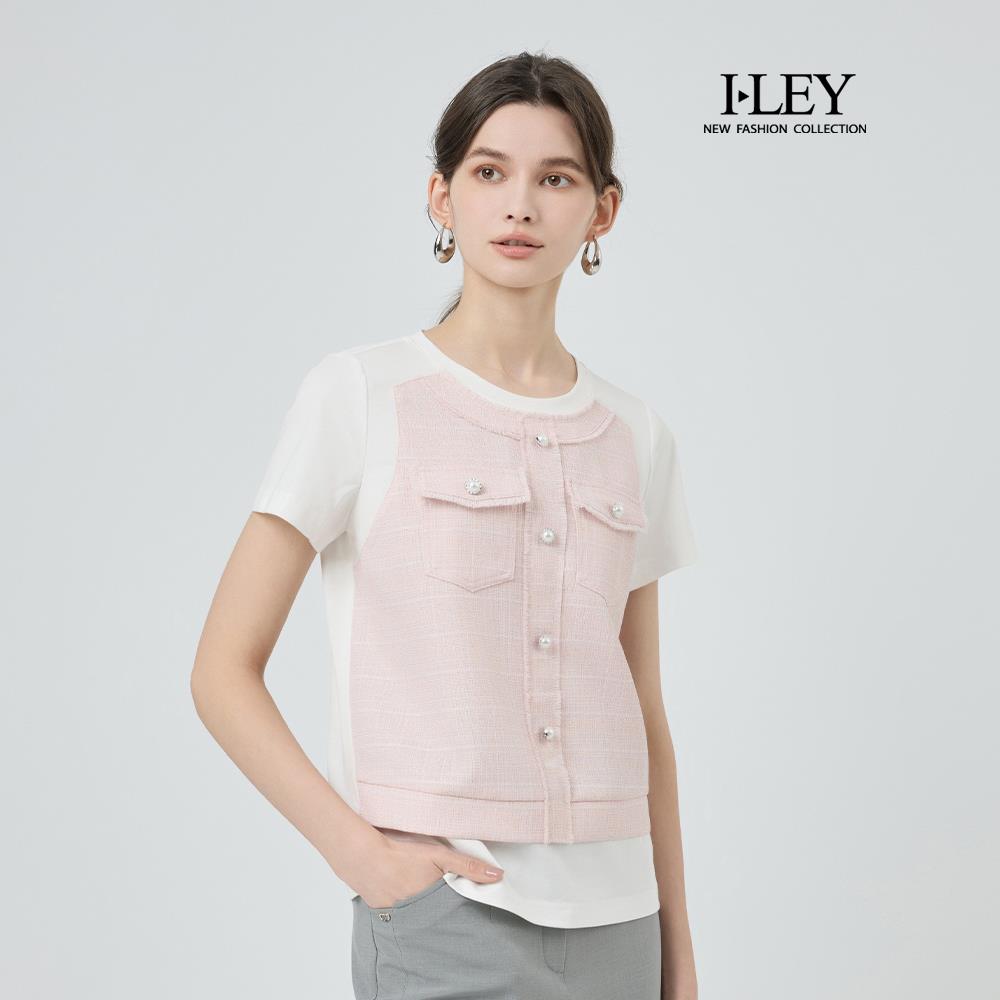 ILEY伊蕾 小香風拼接簡約棉質上衣(粉；M-XL)