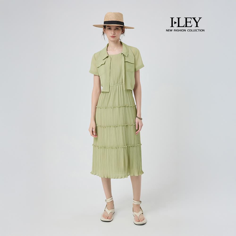 ILEY伊蕾 細褶拼接兩件式雪紡洋裝(淺綠；M-XL)