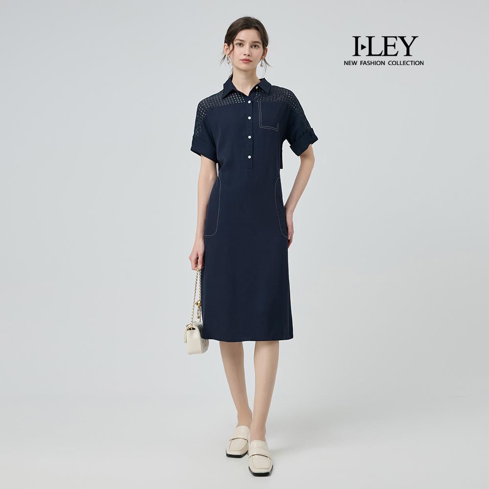 ILEY伊蕾 透膚格紋拼接後背活片長洋裝(深藍；M-XL)
