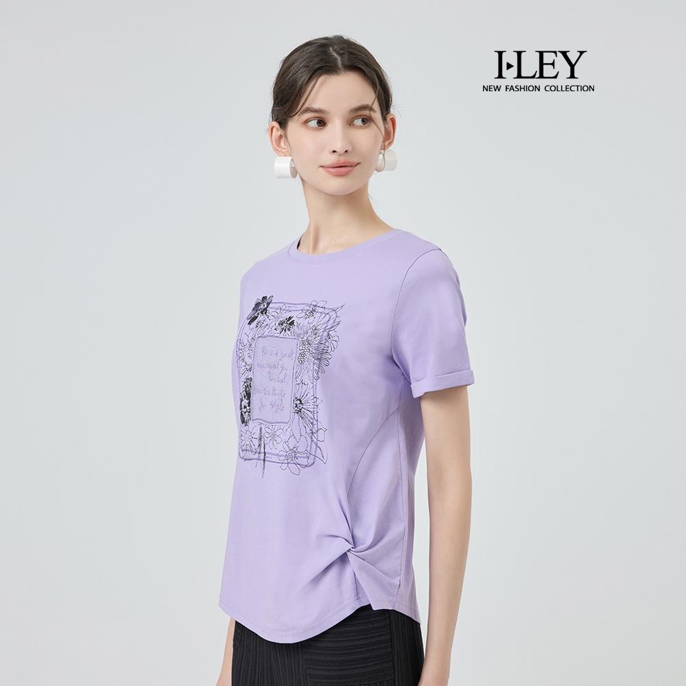 ILEY伊蕾 涼感抑菌膠印反摺袖棉質上衣(紫；M-2L)