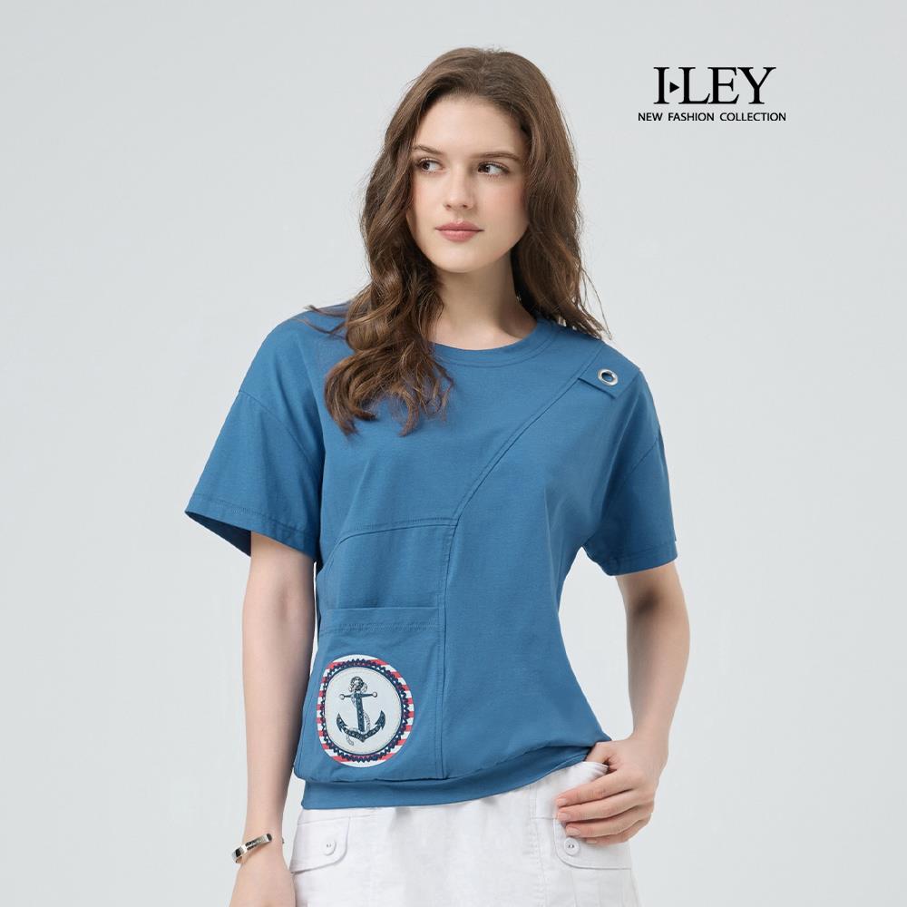 ILEY伊蕾 落肩船錨圖案棉質上衣(藍；M-XL)