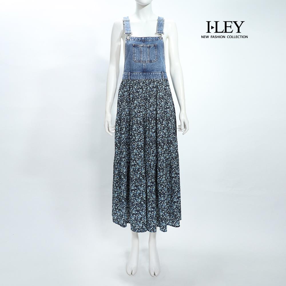 ILEY伊蕾 碎花拼接棉質吊帶牛仔洋裝(深藍；M-L)