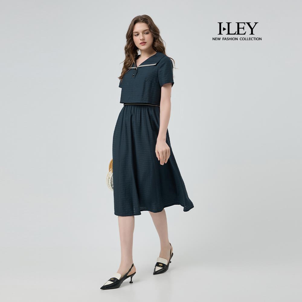 ILEY伊蕾 清新水手領假兩件式縲縈洋裝(深藍；M-XL)