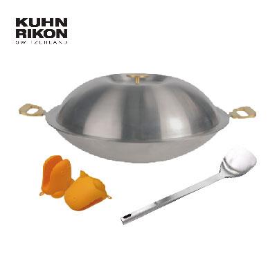 KUHN RIKON 瑞士金典大炒鍋雙耳44cm 含鍋蓋加贈瑞士中式鐵鏟+河馬防熱手套(顏色隨機)一對