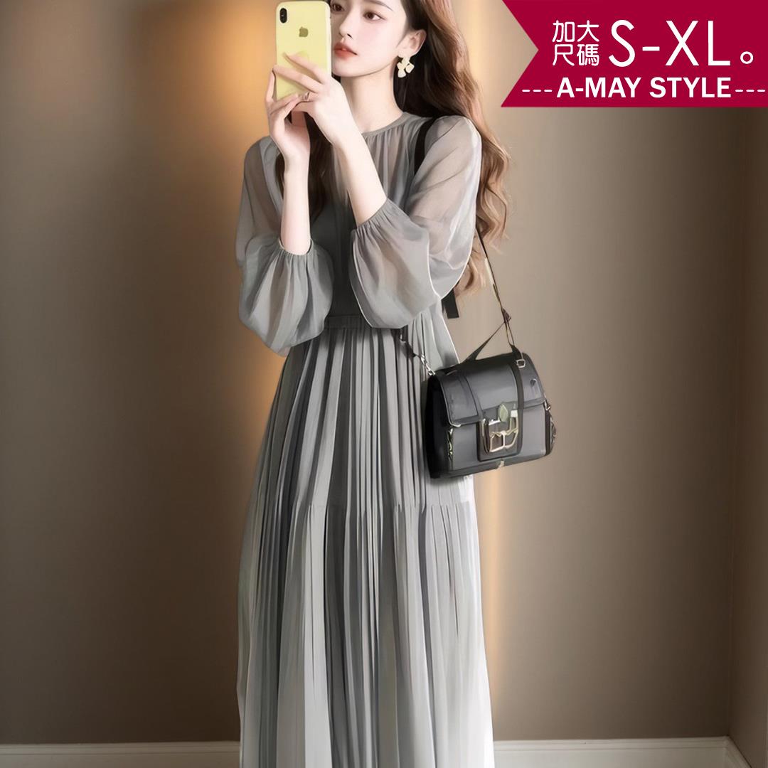 夏新品 加大碼女裝 連身裙 法式優雅輕透顯瘦百褶裙連身洋裝(S-XL)【XAM250348】＊艾美時尚(現+預)