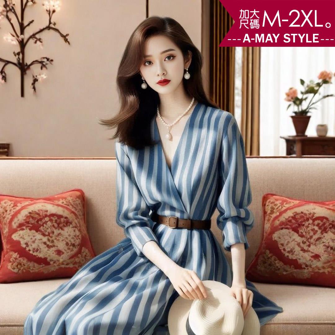 夏新品 加大碼女裝 復古時髦條紋V領顯瘦中長版連身洋裝(M-2XL)【XAM250348-1】＊艾美時尚(現+預)