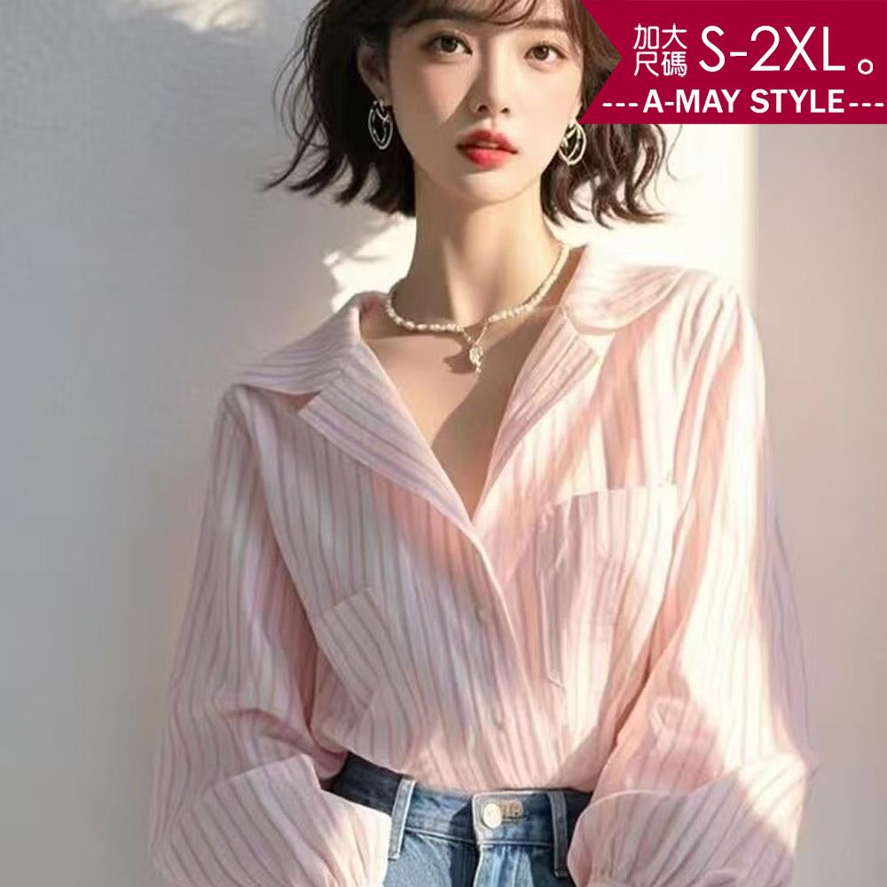 加大碼上衣 日韓設計甜美時髦條紋燈籠袖襯衫(S-2XL)【XAM250341】＊艾美時尚(現+預)