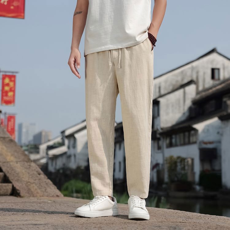潮流百搭棉麻涼感素面抽繩長褲 棉麻褲 涼感褲 休閒長褲 男生長褲 加大尺碼 棉麻長褲【NZK100】