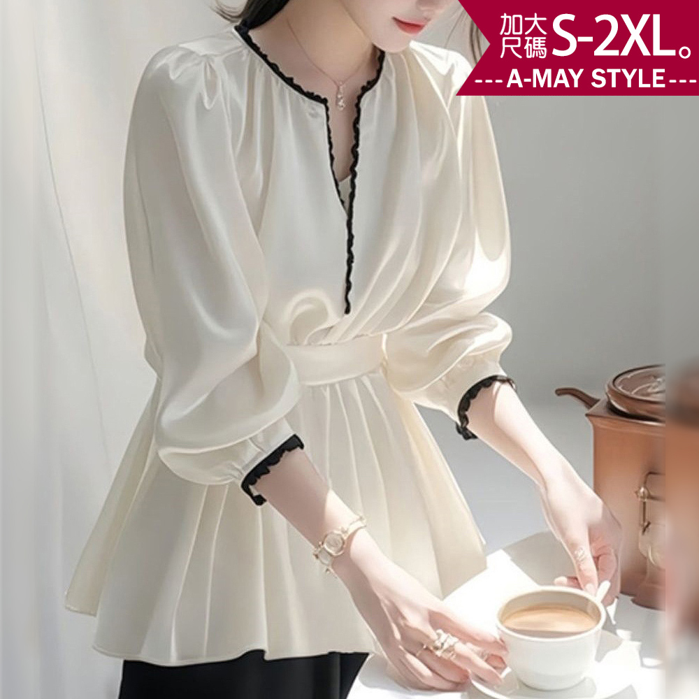 中大尺碼女裝 上衣 法式輕奢感V領撞色澎袖顯瘦上衣(S-2XL)【XAM2503S49】＊艾美時尚(現 預)