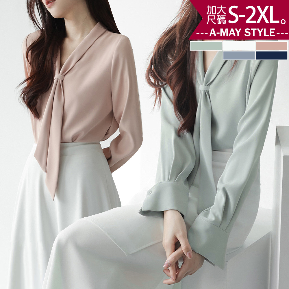 中大尺碼女裝 上衣 法式氣質簡約修身V字領結長袖襯衫(S-2XL)【XAM250329】＊艾美時尚(現 預)