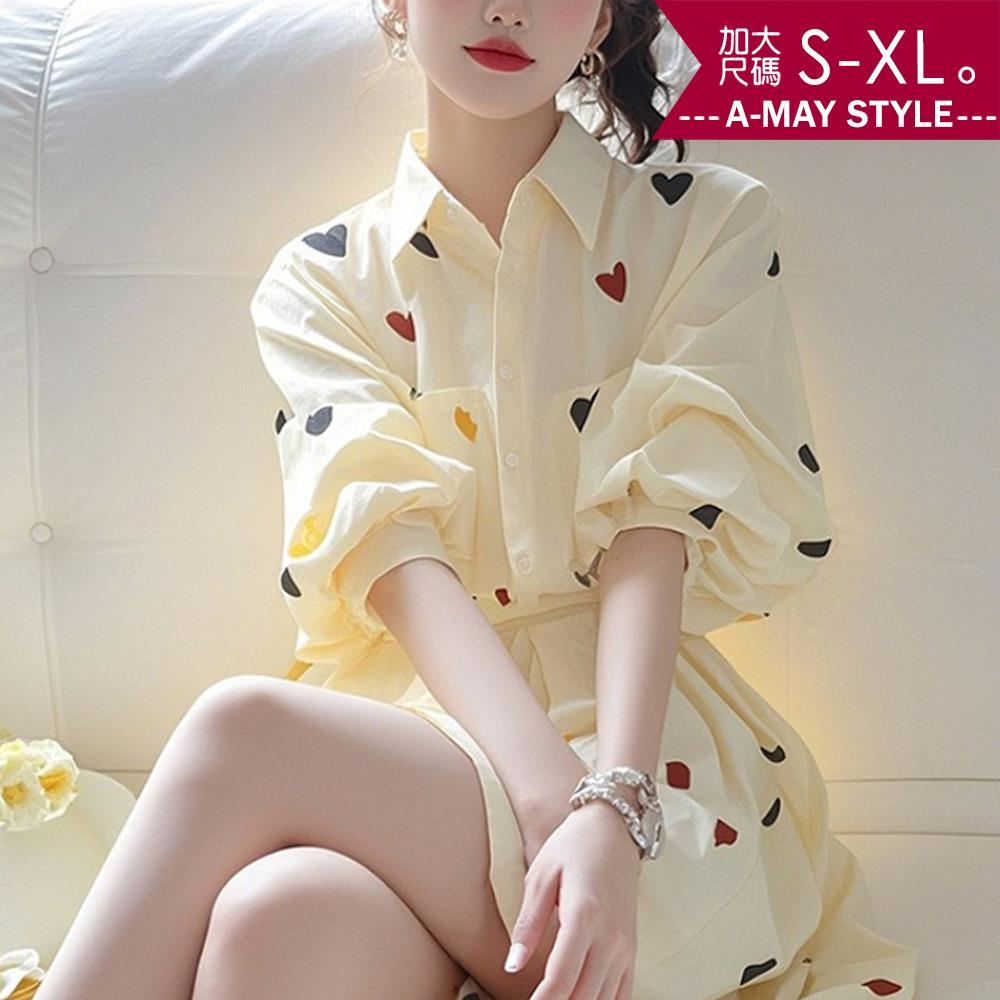 夏新品 中大尺碼女裝 連身襯衫 甜美減齡愛心印花澎袖顯瘦洋裝(S-XL)【XAM250361】＊艾美時尚(現 預)