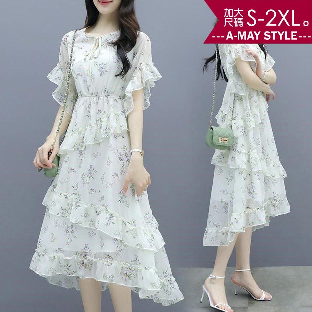 中大尺碼女裝 連身裙 荷葉邊層次蛋糕裙襬顯瘦碎花雪紡洋裝(S-2XL)【XFU250356】＊艾美時尚(現 預)