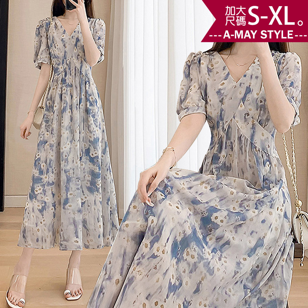 中大尺碼女裝 碎花連身裙 質感花卉V領顯瘦短袖雪紡洋裝(S-XL)【XFU230560】＊艾美時尚(現 預)