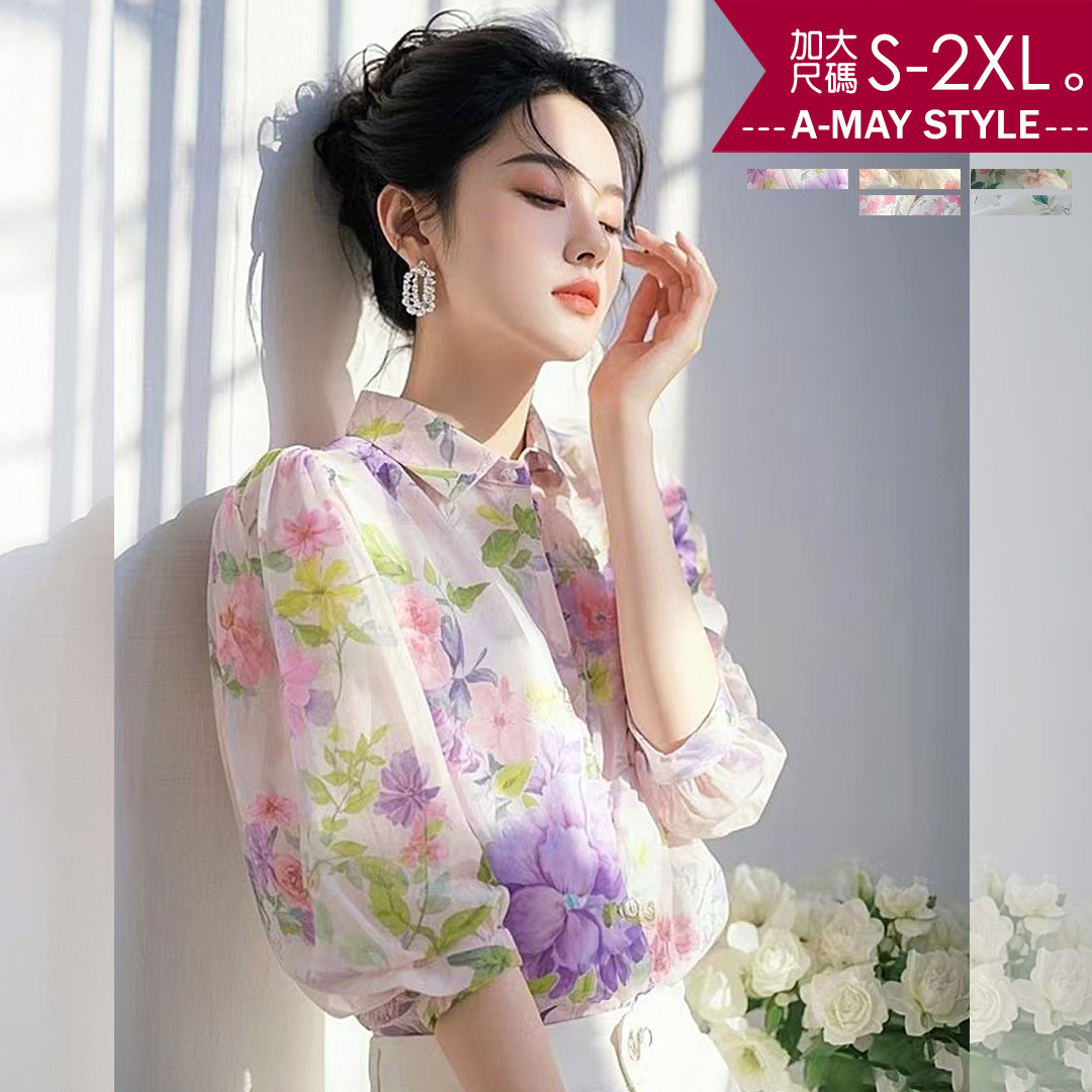 加大碼上衣 襯衫 法式浪漫設計感優雅印花雪紡衫(S-2XL)【XAM250342】＊艾美時尚(現 預)