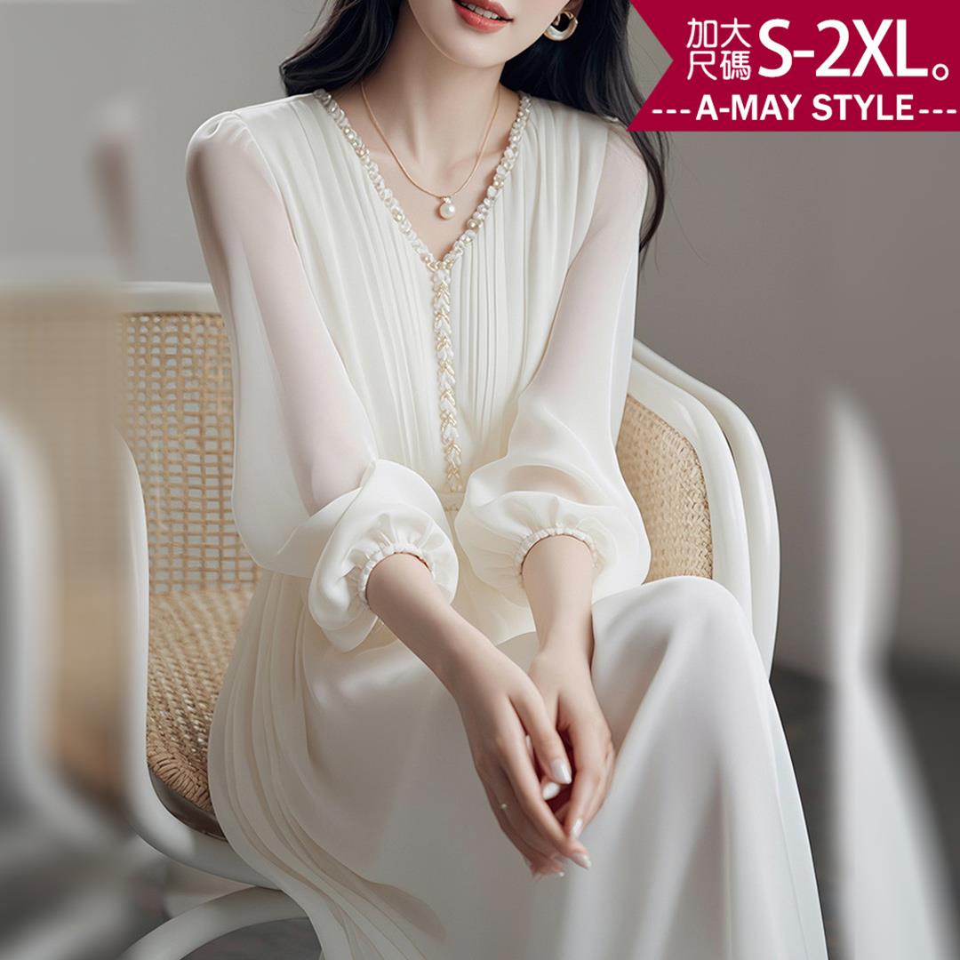 夏新品 加大碼洋裝 法式輕奢感純色雪紡連身裙(S-2XL)【XAM250373-1】＊艾美時尚(現+預)