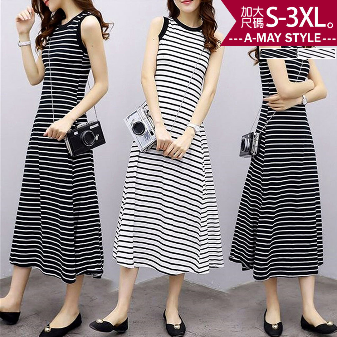 加大碼背心裙 連身裙 日韓條紋顯瘦傘裙無袖長洋裝(S-3XL)【XLL25059】＊艾美時尚(現 預)