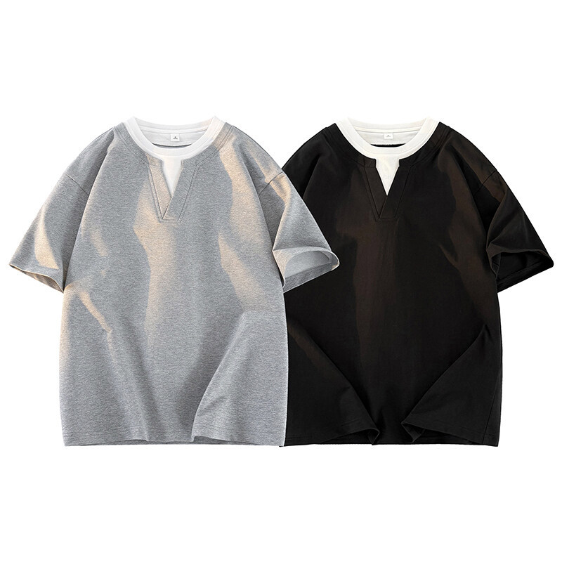 韓版假兩件設計開襟上衣 寬鬆版型 層次兩件式配色 短袖T恤 潮流上衣 男生上衣【NZTX001】