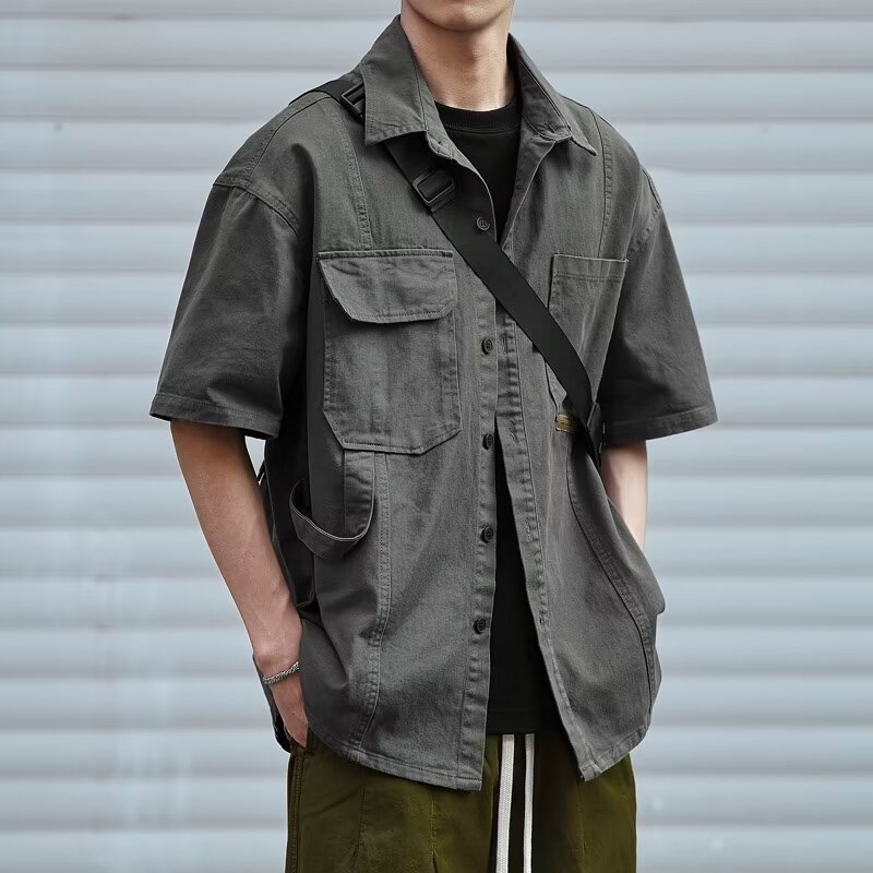男夏季工裝襯衫 日系重磅襯衫 復古水洗襯衫 純色工裝襯衫外套 工裝疊穿外搭【NTJ976】