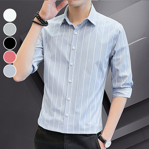 男襯衫 韓版條紋修身職人中大尺碼七分袖長襯(5色)  現 預【NZ770007】