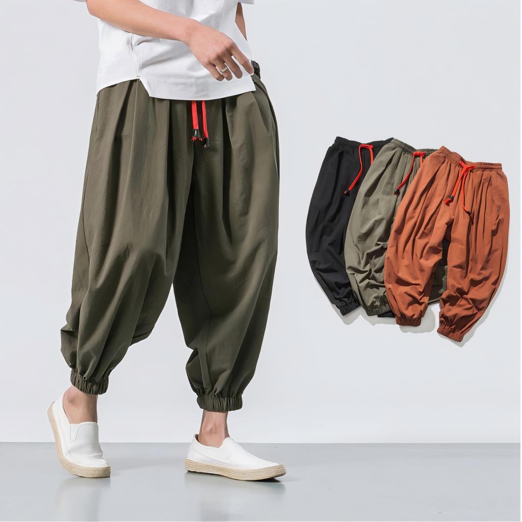 春夏日系潮流寬鬆棉麻布質感素縮口9分褲 棉麻褲 涼感褲 休閒長褲 縮口褲 有大尺寸【NZMK62】