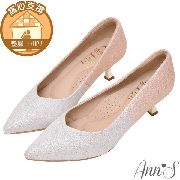 ✨NEW✨Ann’S微光夢境-漸層粉亮片低跟淺金電鍍跟尖頭婚鞋5cm-淺金