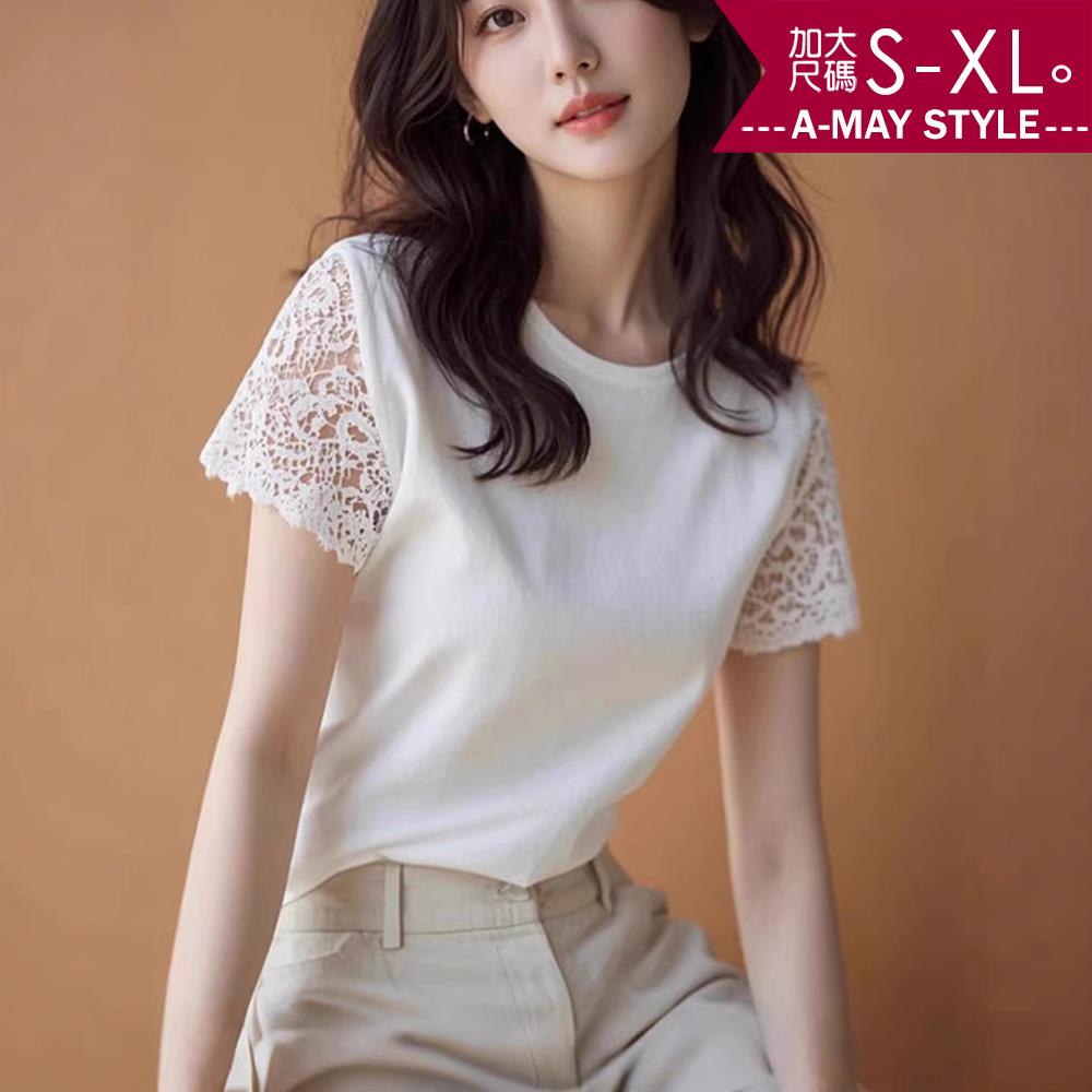 加大碼上衣 氣質蕾絲拼接設計短袖T恤上衣(S-XL)【XSW250535】＊艾美時尚(現 預)