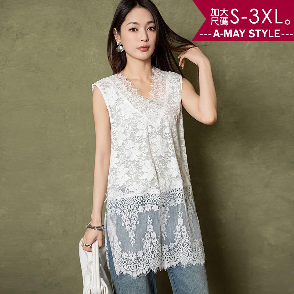 夏新品 加大碼 上衣 時尚設計感V領透膚蕾絲中長版背心(S-3XL)【XSW250545】＊艾美時尚(現+預)