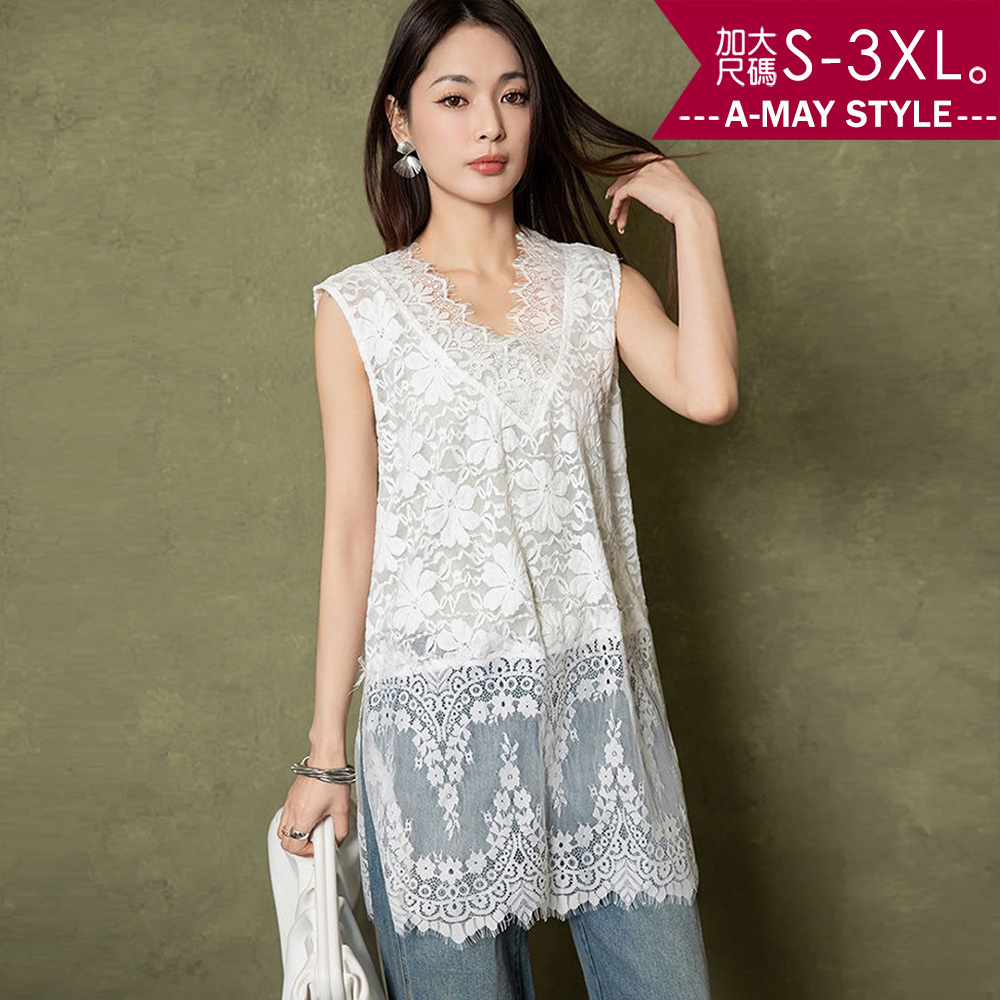 加大碼 上衣 時尚設計感V領透膚蕾絲中長版背心(S-3XL)【XSW250545】＊艾美時尚(現 預)