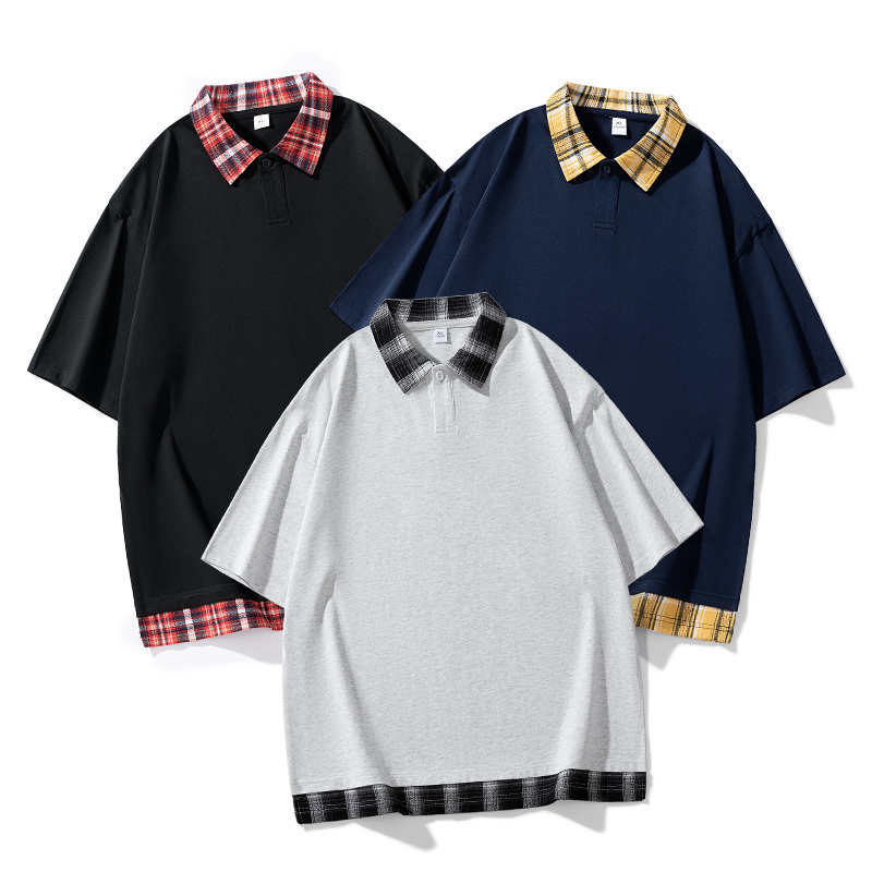 韓版假兩件設計素面格紋POLO衫 寬鬆版型 短袖T恤 素面POLO衫 男生上衣【NZHH5735】