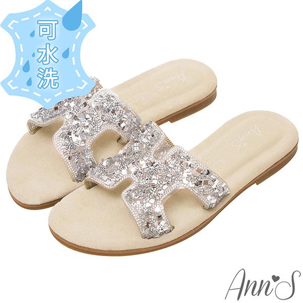 ✨NEW✨Ann’S水洗牛皮-名媛精緻立體碎鑽透明片 圓頭涼拖鞋1.5cm-銀