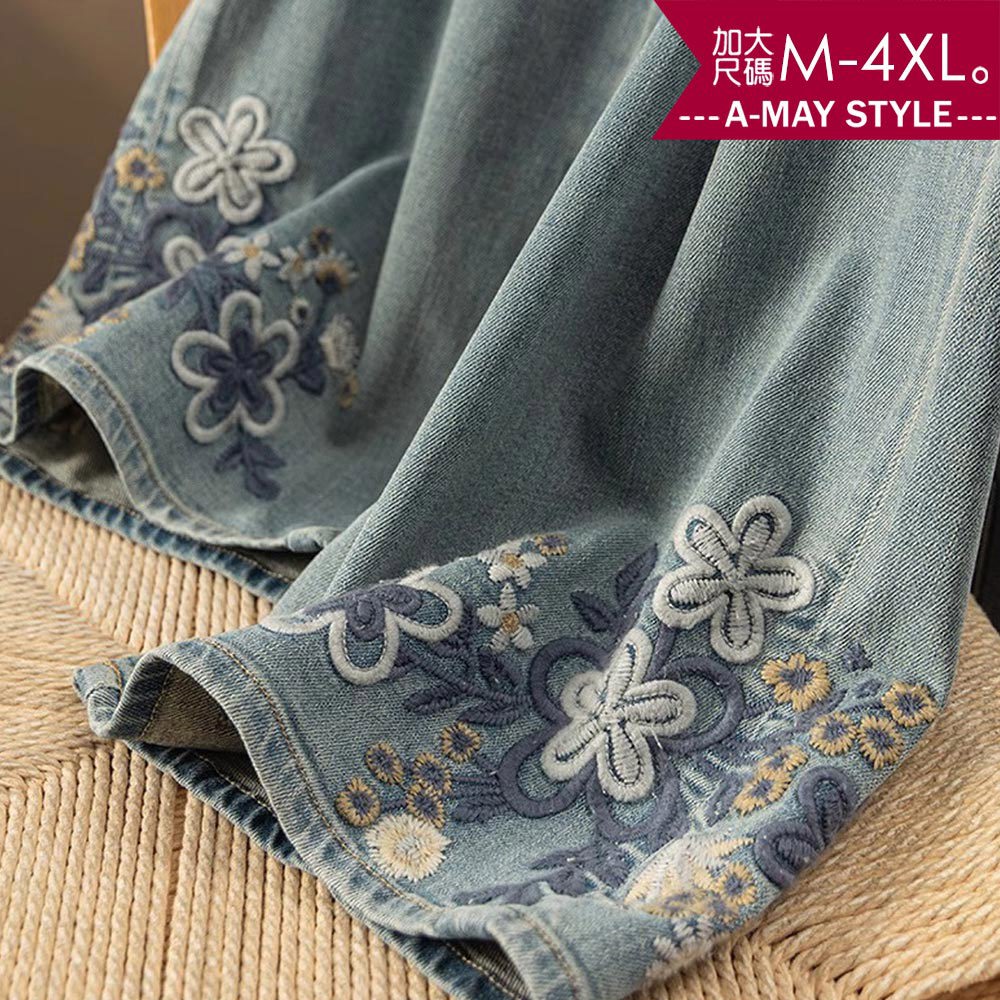 加大碼 丹寧 寬褲 復古刷色刺繡直筒顯瘦牛仔褲(M-4XL)【XIW250552】＊艾美時尚(現 預)