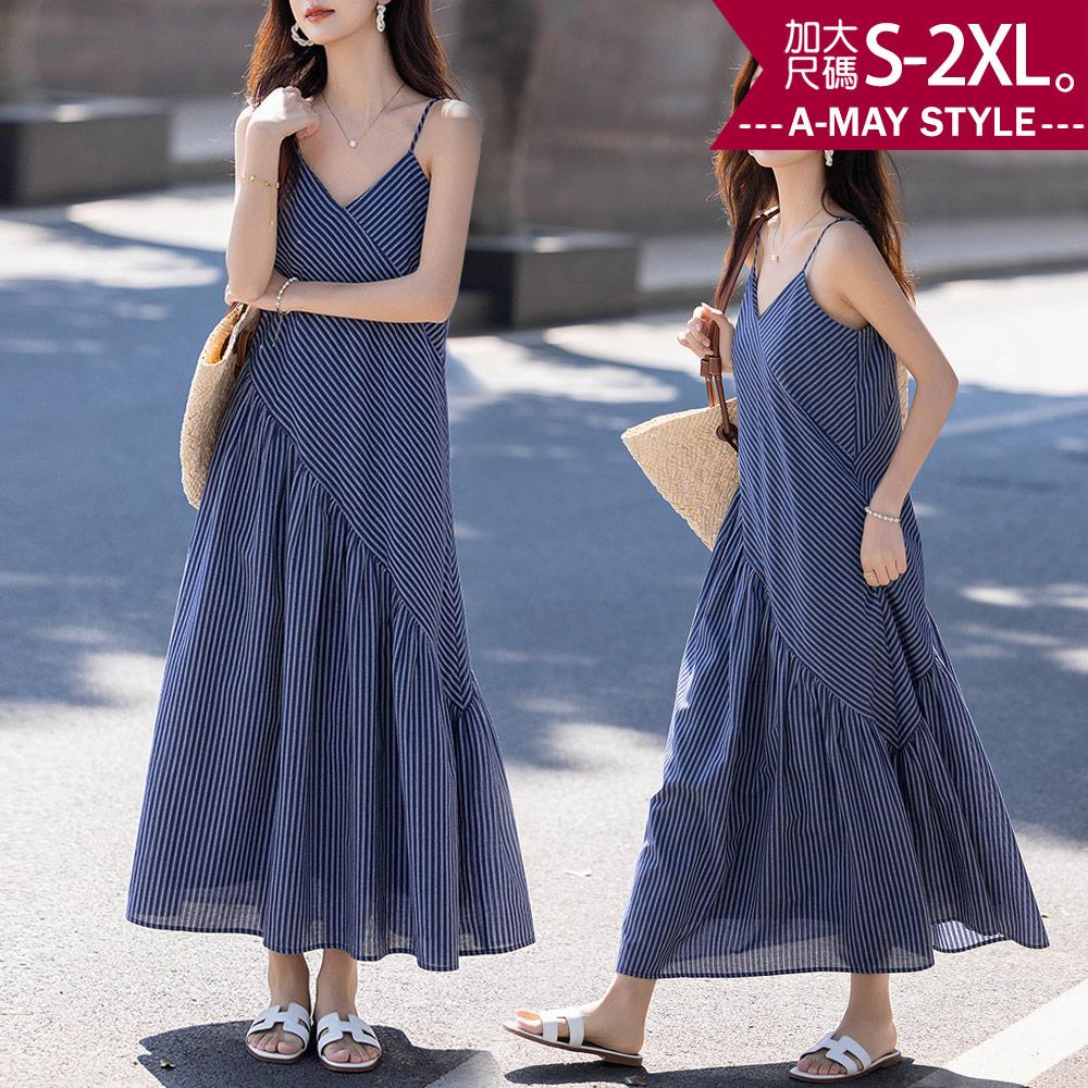 夏新品 加大碼連身裙 夏日舒涼感不規則條紋設計吊帶裙(S-2XL)【XAM250558】＊艾美時尚(現 預)