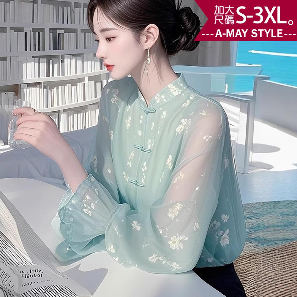 加大碼上衣 雪紡衫 古典美盤扣碎花輕透雪紡襯衫(S-3XL)【XAS250444】＊艾美時尚(現+預)