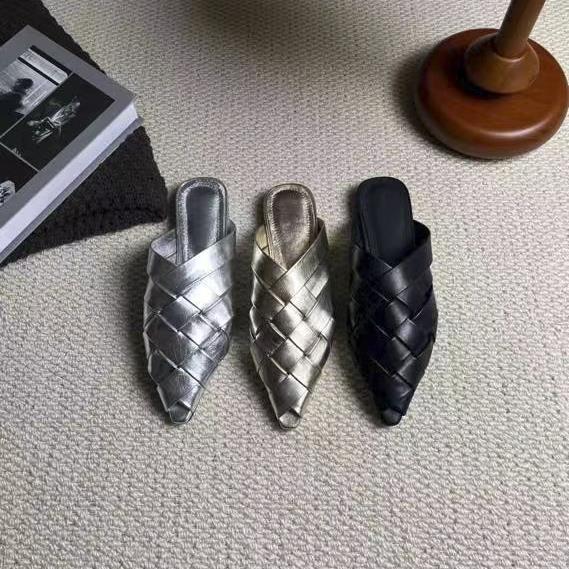 全真皮 手工編織尖頭涼拖鞋